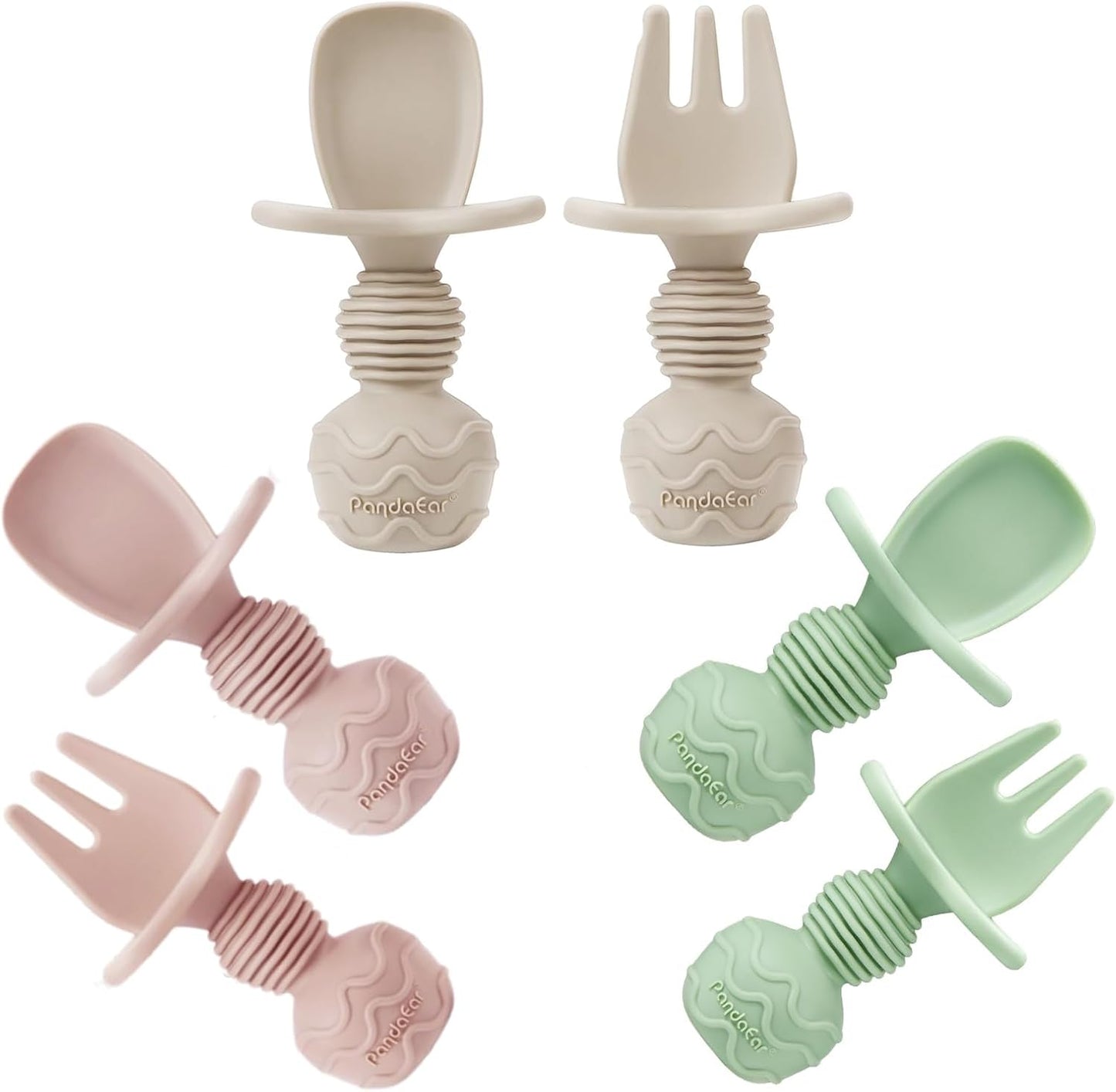 PandaEar 6 Pack Silicone Baby Spoons and Fork Feeding Set- Anti-Choke First Self Feeding Utensils for Baby Led Weaning Ages 3 Months (Pink, Green&Linen)