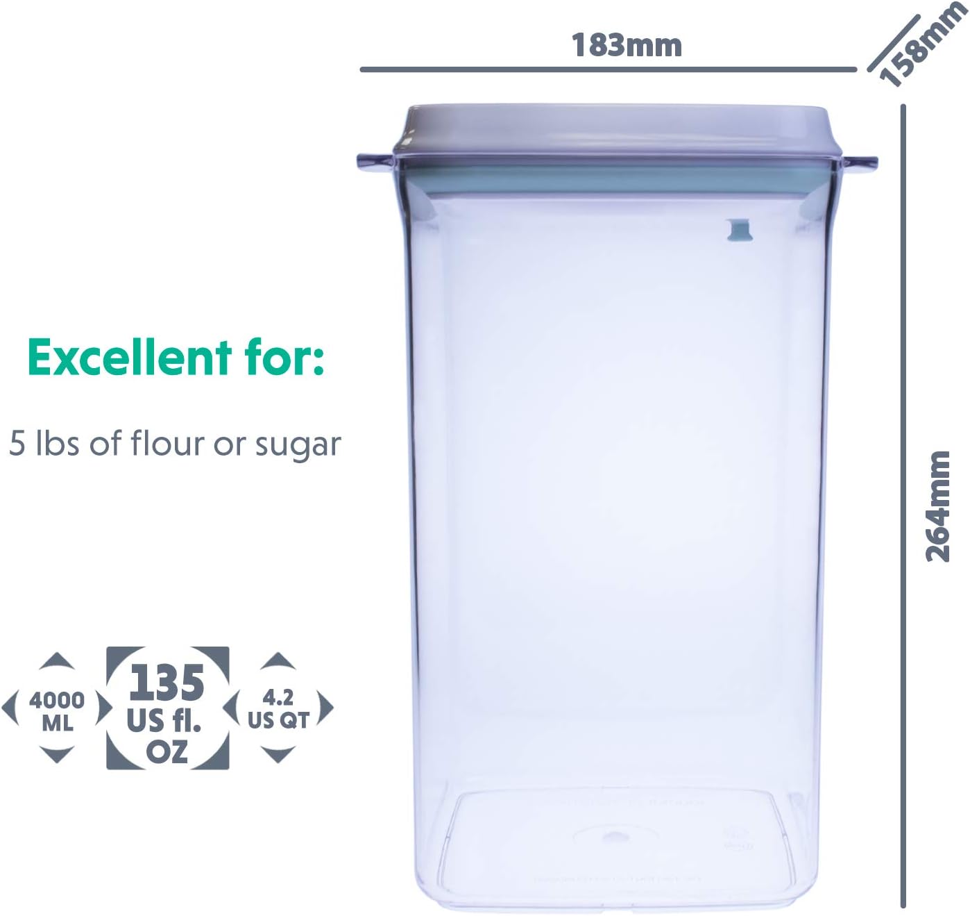 BopTop (1pc - 5lb Flour) Airtight Food Storage Container – Mechanical Silicone Seal Canister - BPA-Free - 4.2Qt