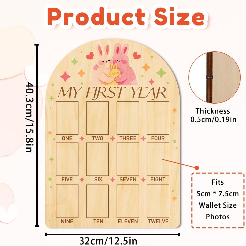 ORIGACH My First Year Baby Growth Photo Display Wood Board - 12 Months Newborn Milestones Photo Board - Neutral Baby Keepsake Frame 1st Birthday Party Nursery Decor New Mom Gift - Rabbit