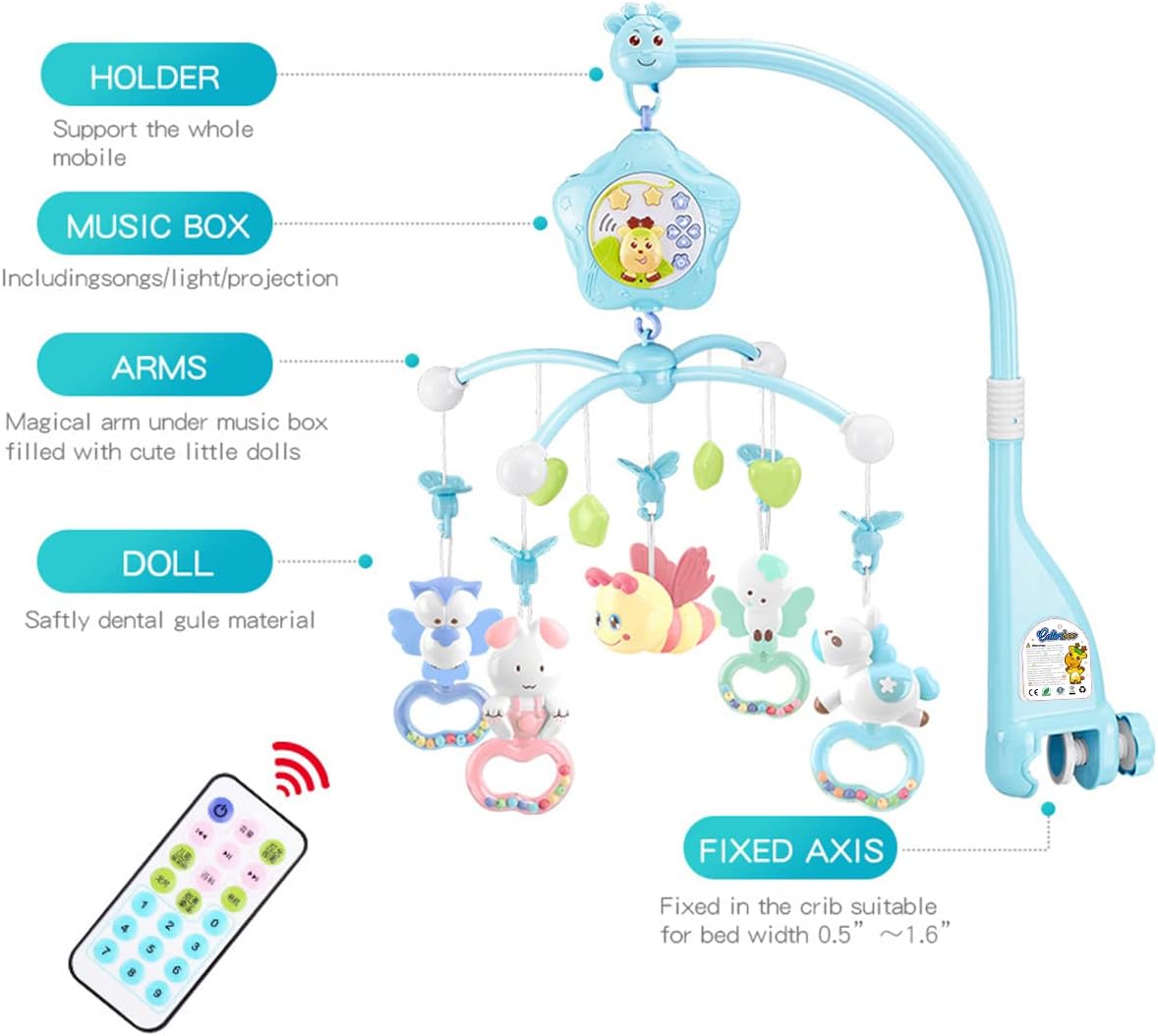 Baby Crib Mobile with Lights and Musicial, Remote, Projector, Newborn Gift for Ages 0+ Months (Blue-Bee)