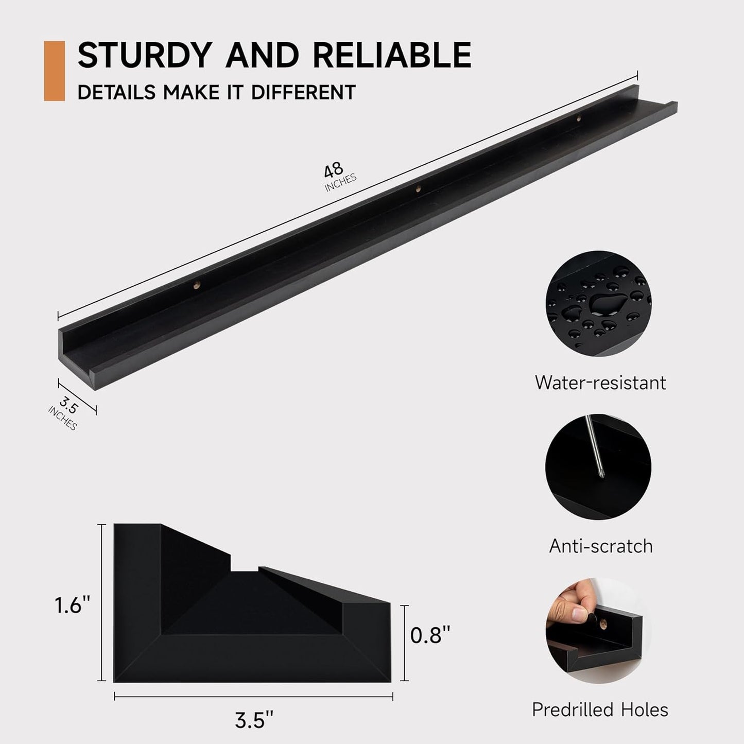 Picture Ledge Shelf for Wall, Floating Shelves Set of 4, 48 Inch Long Nursery Book Shelves for Toys Storage, Kids Bookshelf Wall Mounted for Books Photo Frames, Black