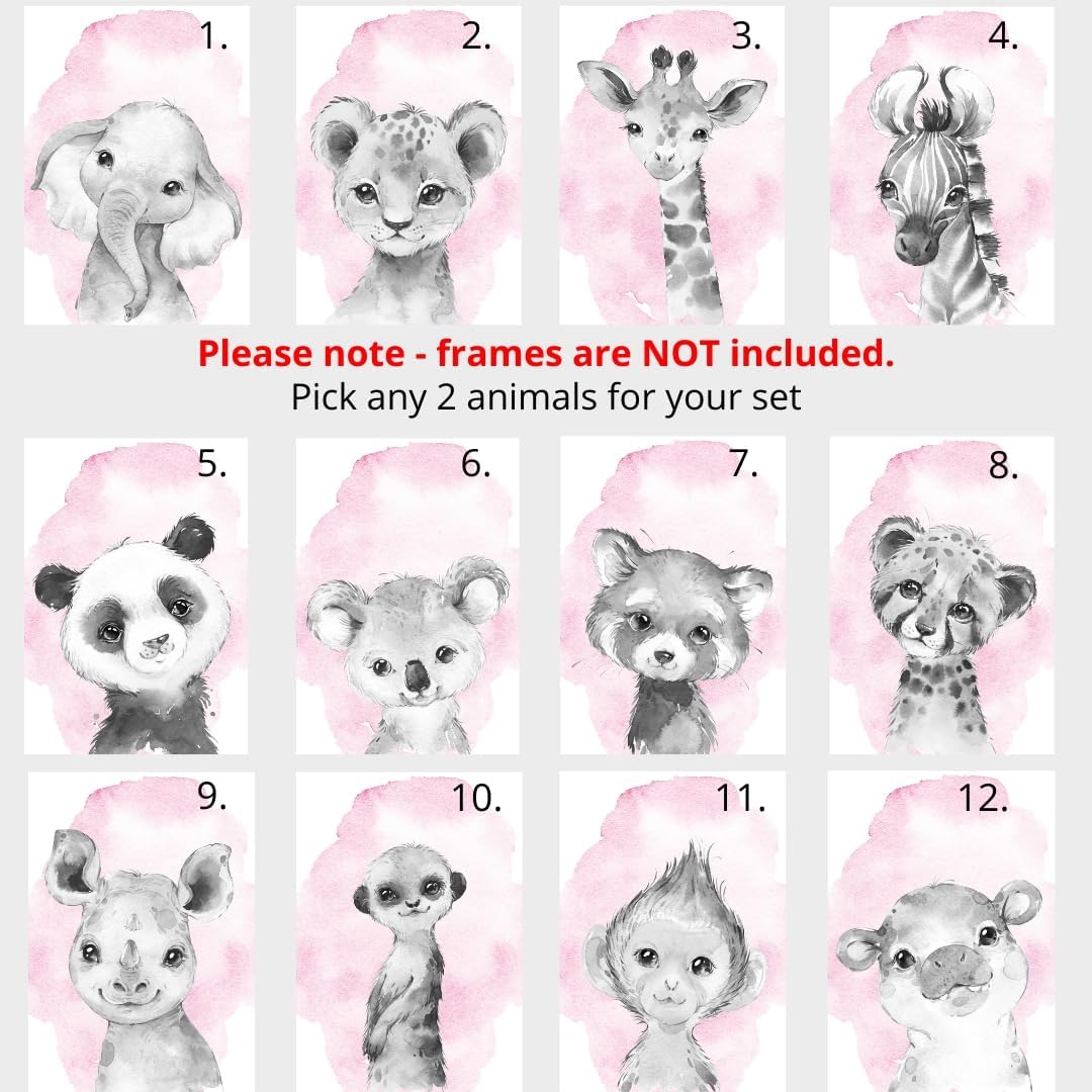 Safari Animals Set of 6 Unframed Poster Prints for Baby Girls Nursery Bedroom Playroom, Personalized Name, Choice of 12 Animals, Pink Purple (12x16)