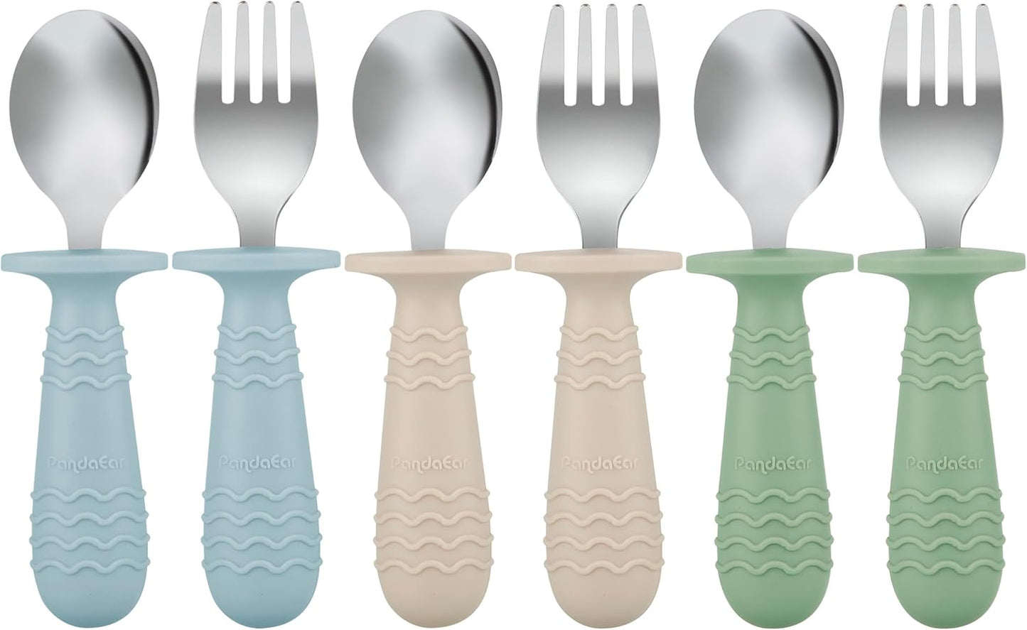 PandaEar 6 Pieces Baby Toddler Silicone Stainless Steel Utensils Silverware Spoon Fork for Baby Toddler BPA Free with Silicone Holding Anti-Choke Design (Blue Green Beige)