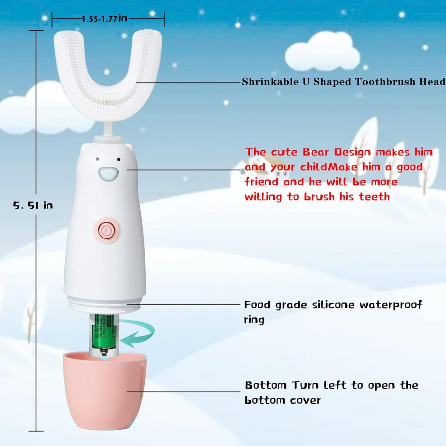 Kids Electric Toothbrush，U Shaped toddler Toothbrush Waterproof Battery Powered 360 Automatic Sonic u shaped Toothbrushes for 2-7 Years Old for Boys Girls，with 2 Replacement Brush Heads（Pink）