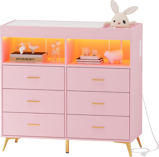Changing Table Dresser with Drawers, Baby Dresser with Changing Table Top, Power Outlet, LED Light & Metal Feet, Diaper Changing Station Nursery Organizer for Infants Newborn, Pink