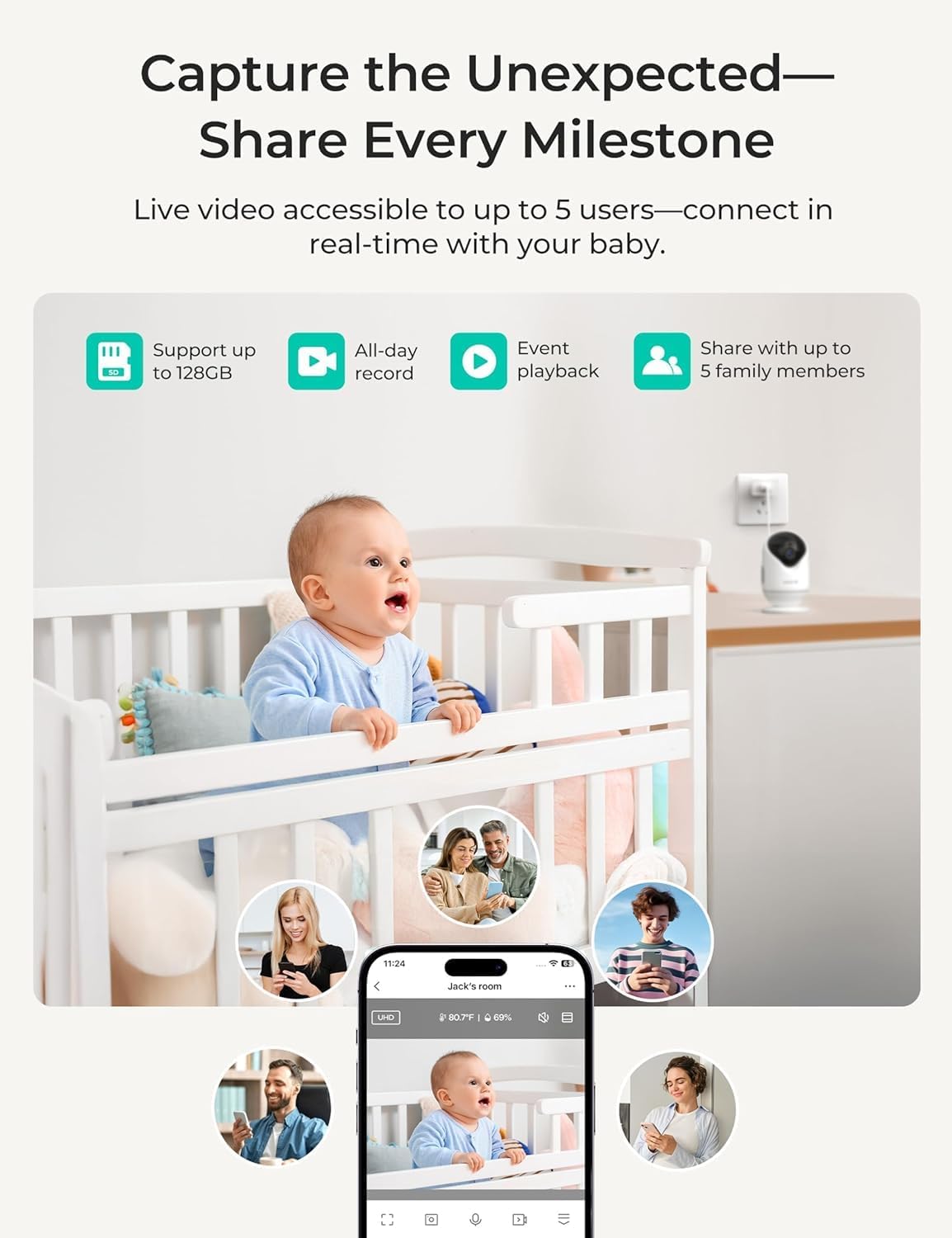 VistaView Lite Smart WiFi Baby Monitor with 2 Cameras- 4” 720P Split Screen & 1080P Camera App Control, Motion Alerts, Night Vision, 3000mAh Battery, 2-Way Talk, Triple Security, 1000ft Range