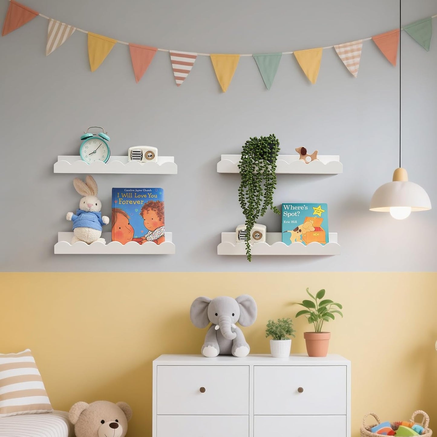 Scalloped Baby Book Shelf,Floating Shelves for Wall Set of 4 Solid Pine Wood Nursery Bookshelves with Wave Lip for Bedroom Kids, Toddler Room, Baby Room, Nursery Decor(White,40cm)