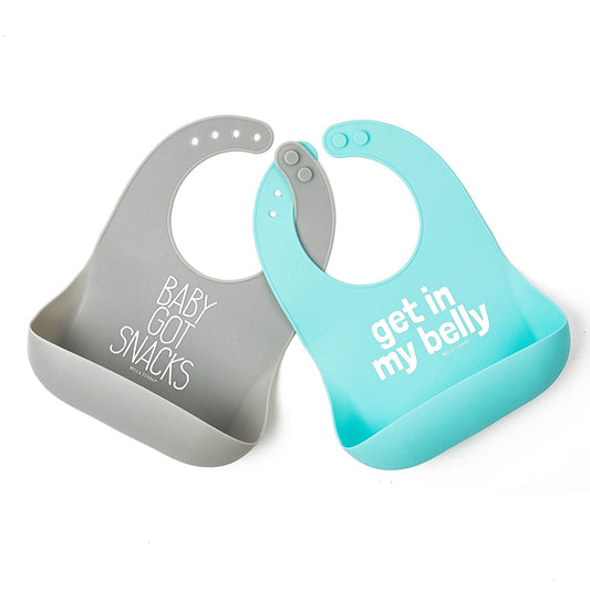 Bella Tunno Baby Bib for Eating, Set of 2 Waterproof Silicone Bibs with Large Food Catcher, Adjustable Fit for Babies 4-12 months & Toddlers 1-3 Years, Boys & Girls, Got Snacks & My Belly