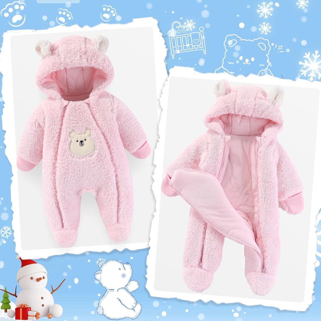 Fairy Baby Newborn Baby Winter Snowsuit Bear Thick Romper Footie Double Zip Hooded Jumpsuit Fleece Coat Infant Boy Girl 0-12M