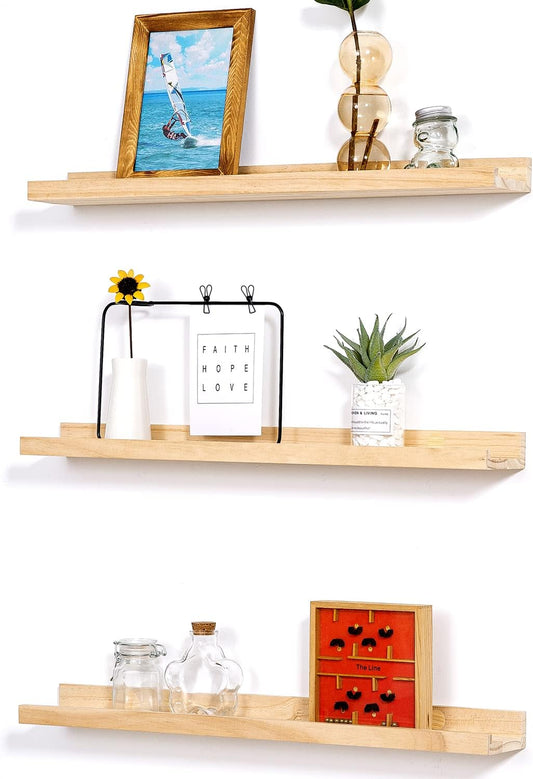AZSKY Natural Wood Wall Mounted Shelves 24 Inch Floating Wall Book Shelf Floating Ledge Storage Rustic Shelves Photo Picture Ledge for Home Decor a Set of 3