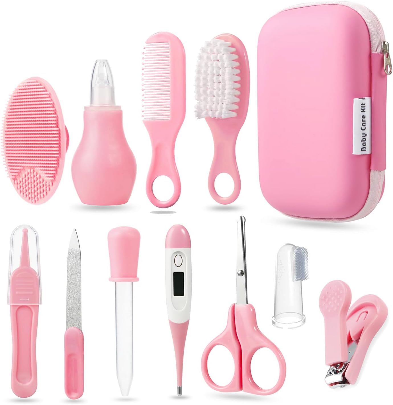 PandaEar Baby Healthcare and Grooming Kit, Baby Safety Set Baby Comb, Brush, Finger Toothbrush, Nail Clippers, Scissors, Nasal Aspirator, Baby Essentials Nursery Care Kit (Pink)