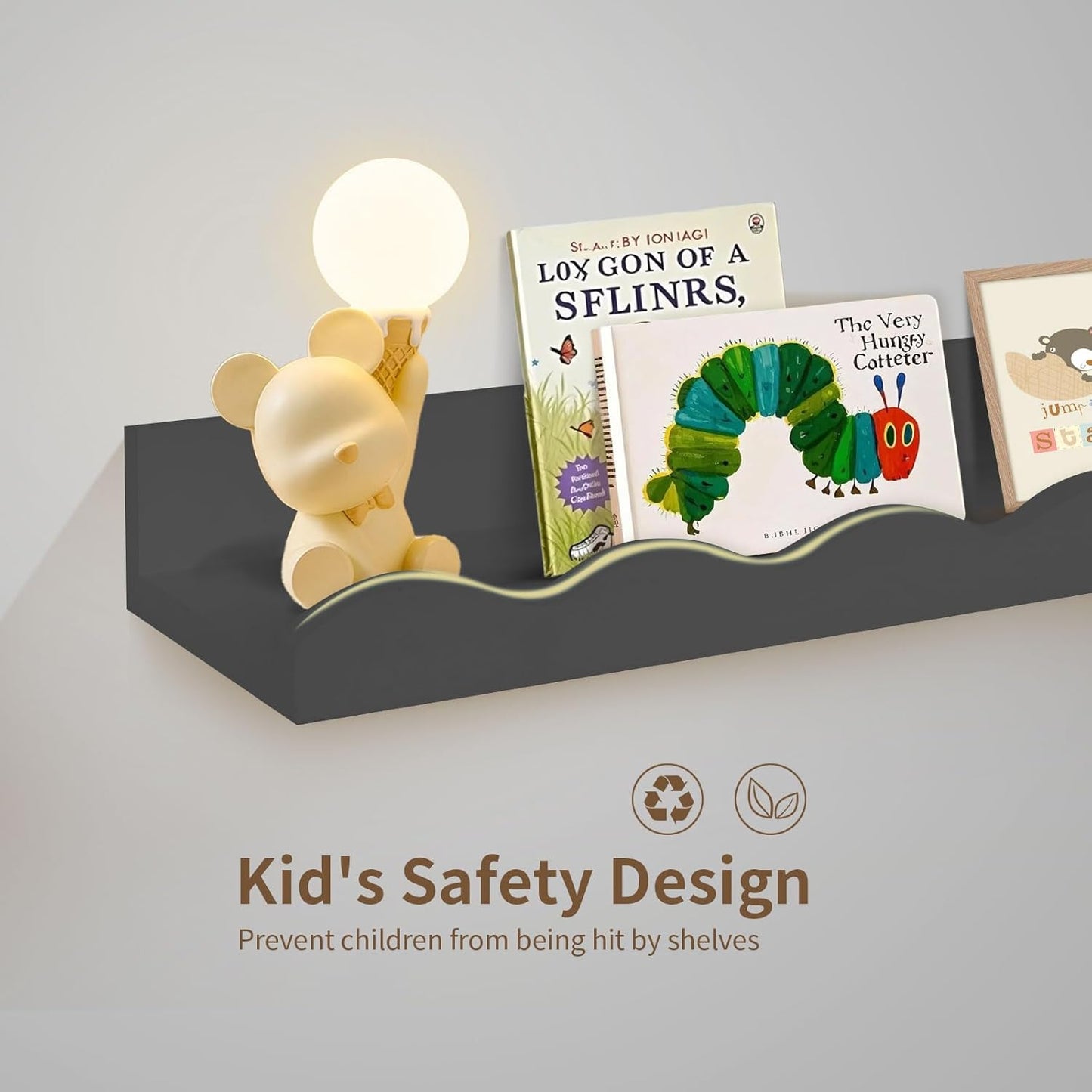 Nursery Book Shelves, 4 Pack Black Floating Shelves for Wall, Wood Scalloped Shelves for Storage Books, Wall Book Shelf for Kids Rooms, Bedroom, Toddler Room, Baby Room, Nursery Decor