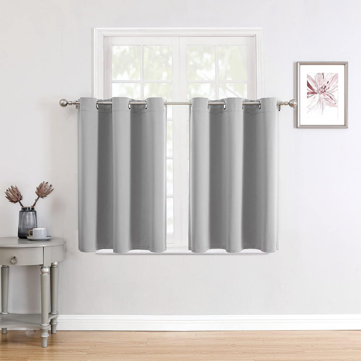 ChrisDowa Small Window Curtains for Kitchen and Bedroom - Grommet Short Thermal Insulated Room Darkening Curtains (2 Panels, Light Grey, 42 x 36 Inch)