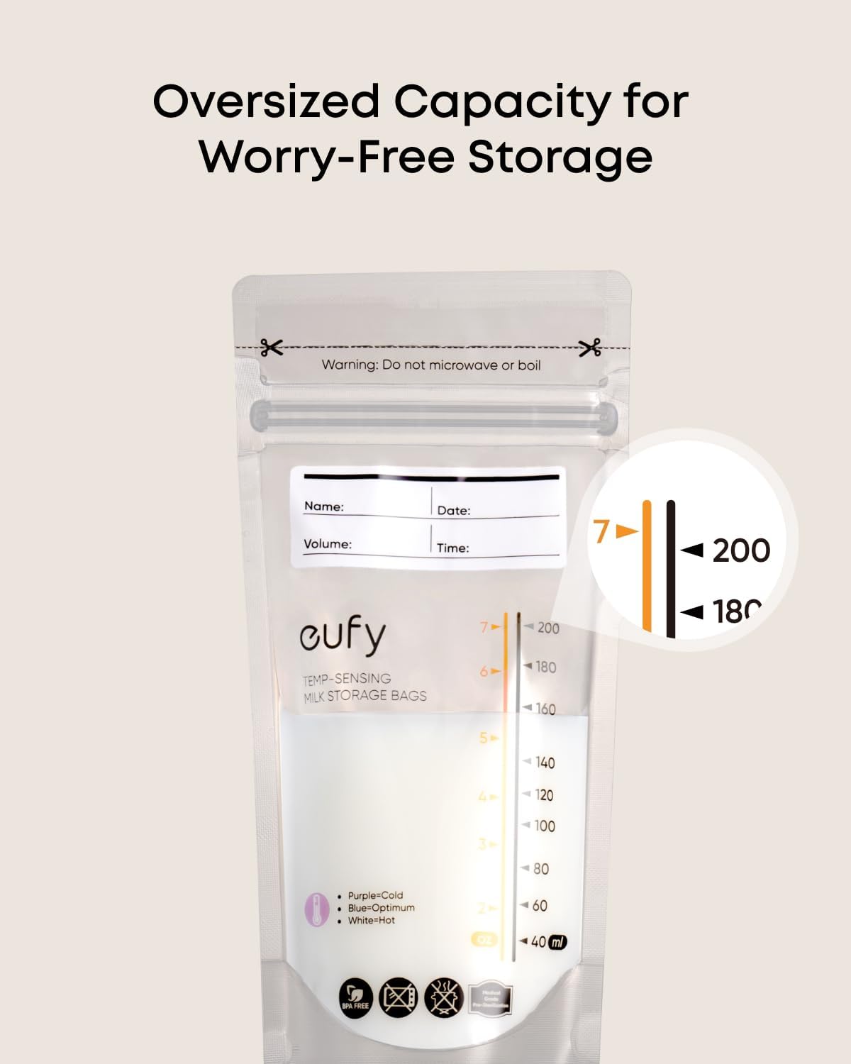 eufy Breast Milk Storage Bag with Temperature Sensing Color Change, Milk Storing Bags for Breastfeeding, 7 oz Disposable Storage Bags, Self-Standing, Leakproof Milk Freeze Storage Pouches (120 Pieces)