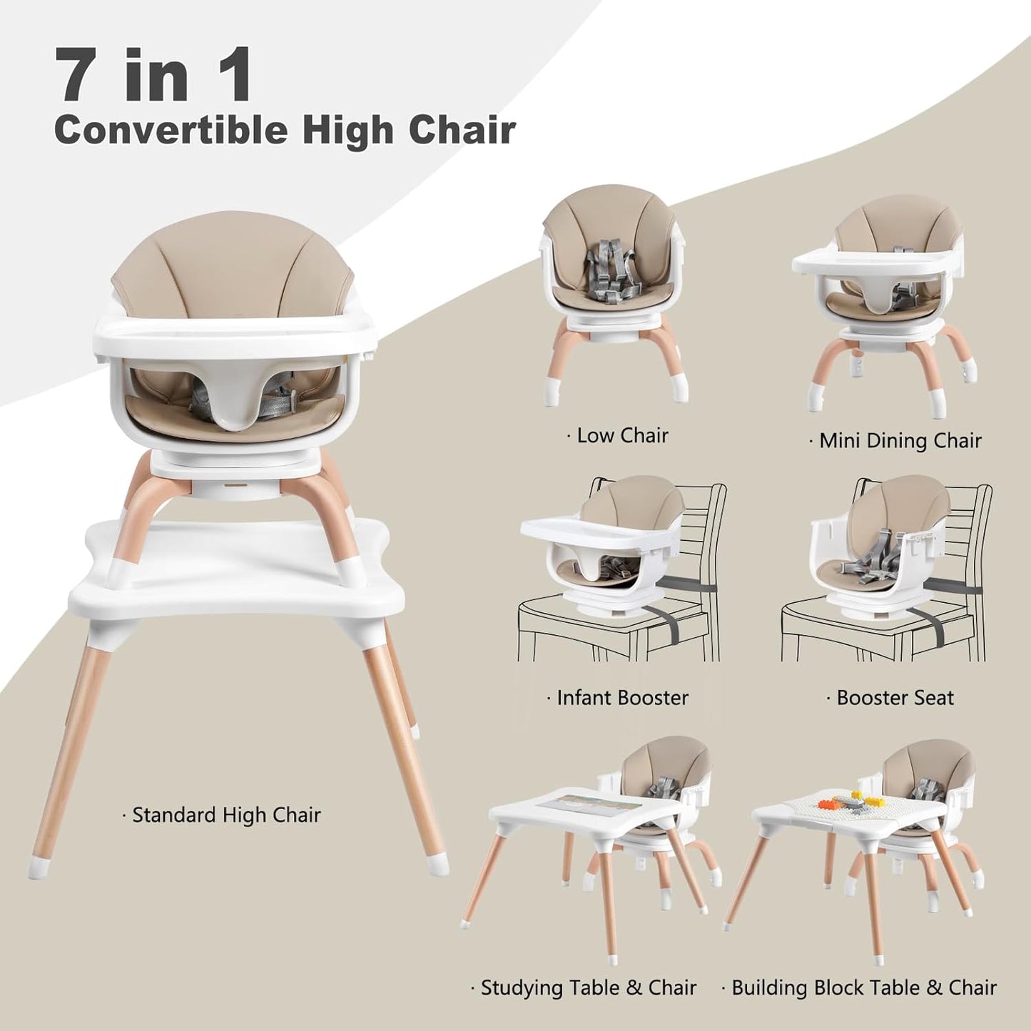 Baby High Chair, 7 in 1 Convertible High Chairs for Babies and Toddlers, Kids Learning Table, Building Block Table, Toddler Dining Chair with 360° Rotating Seat, 5-Point Safety Harness (Khaki)