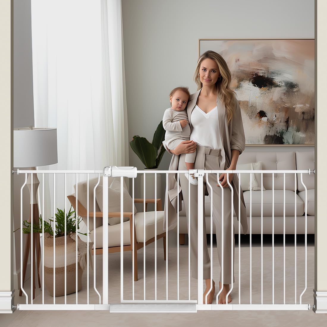 TSAYAWA Walk Through Baby Gate with Door,67-71.5 Inch Wide Presure Mounted No Drill Metal Auto Close Child Gate for Stair Doorway - Indoor Outdoor Safty Gate for Toddler Dog Doggie, White