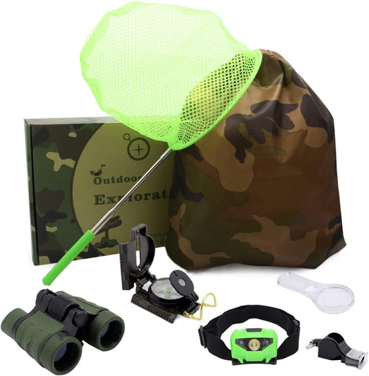 Kids Outdoor Adventure Set :Educational Children’s Toys Binoculars, LED Headlamp Flashlight, Compass, Magnifying Glass Whistle Butterfly Net & Backpack(Camo Color) for Boys