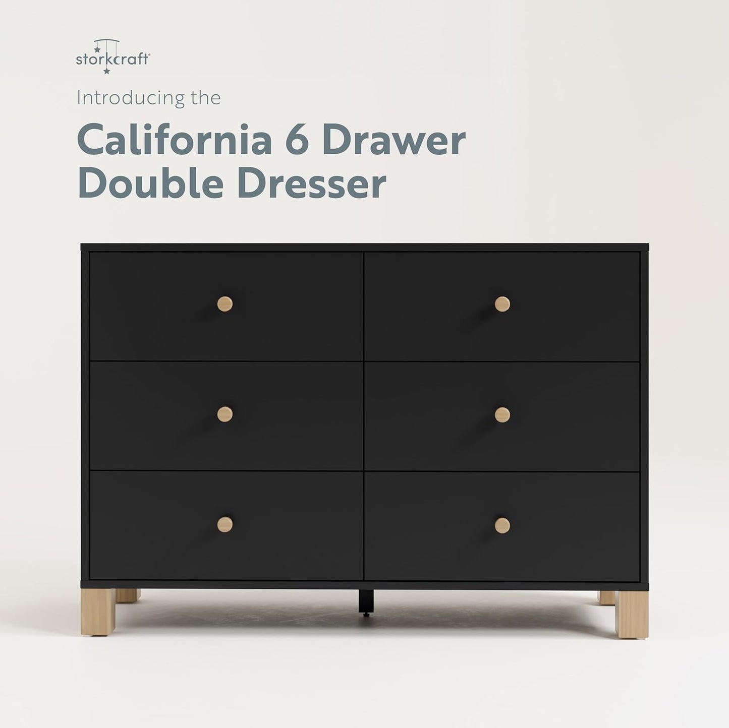 Storkcraft California 6-Drawer Double Dresser (Black with Driftwood) - GREENGUARD Gold Certified, Interlocking Drawer System, Dresser Drawer Organizer for Kids Bedroom