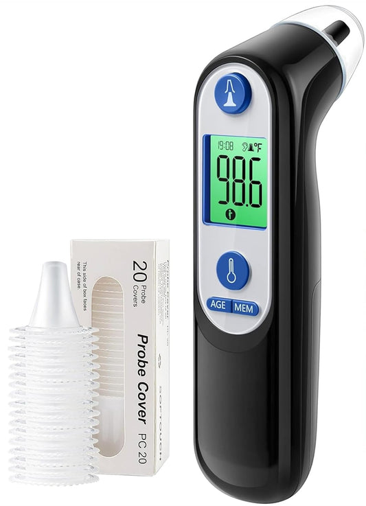 Ear Thermometer for Kids, Babies and Adults, 1 Second Accurate Digital Thermometer, Mute Function, 3-Color Fever Alert, 3 Age Groups, 30 Memory Recall with 20x Probe Covers (LCD-Black)