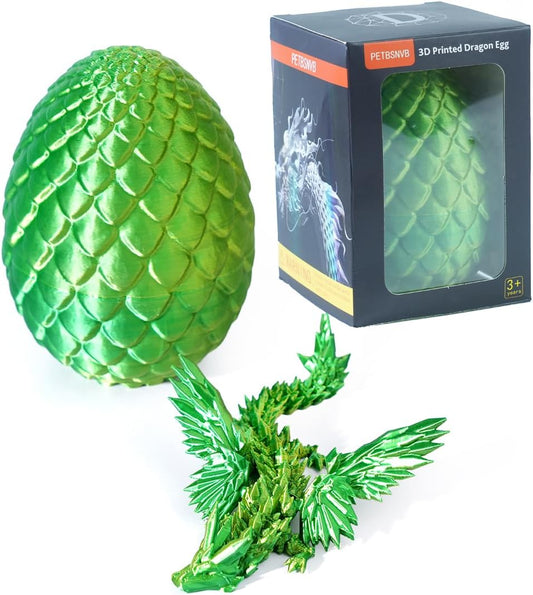 7" 3D Printed Dragon with Wings in Egg, Easter Basket Stuffers, Crystal Dragon Surprise in Eggs, Articulated Dragon, Dragon Fidget Toy, Home Office Decor Executive Desk Toy (Laser Green)
