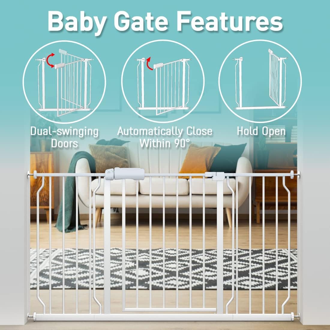 WAOWAO Baby Gate 52.76-57.45" Extra Wide Pressure Mounted Walk Through Swing Auto Close Safety White Metal Toddler Kids Child Dog Pet Puppy for Stairs,Doorways,Kitchen