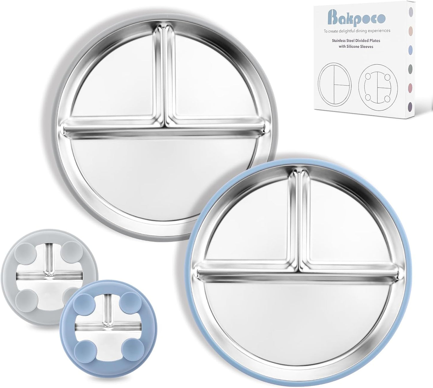 8" Stainless Steel Toddler Plates with Suction, Divided Plates with Removable Silicone Sleeves for Baby, Non Toxic & BPA Free |Unbreakable |Dishwasher Safe Dinnerware Set of 2, Blue & Gray
