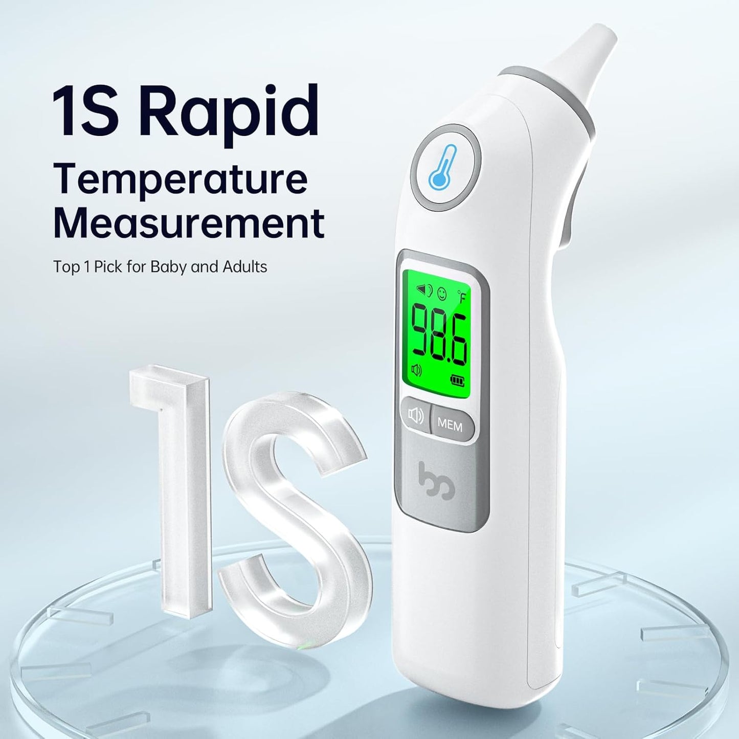 Ear Thermometer, Highly Accurate Ear Thermometer for Kids, Adults and Babies, 30 Memory Recall, 1s Result and 3-Color Fever Alert, with 24 Disposable Probe Covers, Gray