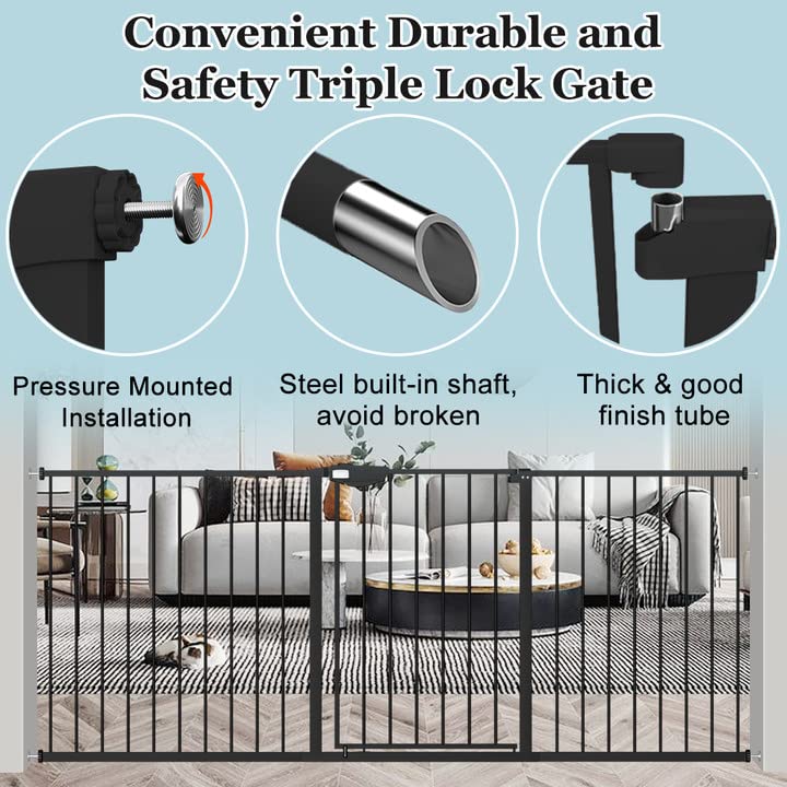 WAOWAO Triple Lock Baby Gate Extra Wide 44.48-48.42" Pressure Mounted Walk Through Swing Auto Close Safety Black Metal Dog Pet Puppy for Stairs,Doorways,Kitchen
