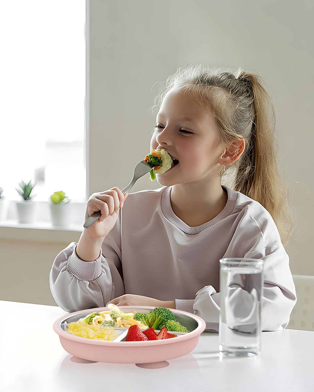 Stainless Steel Toddler Suction Plate with Lid, Deeper 9" Divided Plates with Removable Silicone Sleeves for Kids, Non Toxic & BPA Free | Unbreakable Baby Snack Dishes Set of 2,Pink & Beige