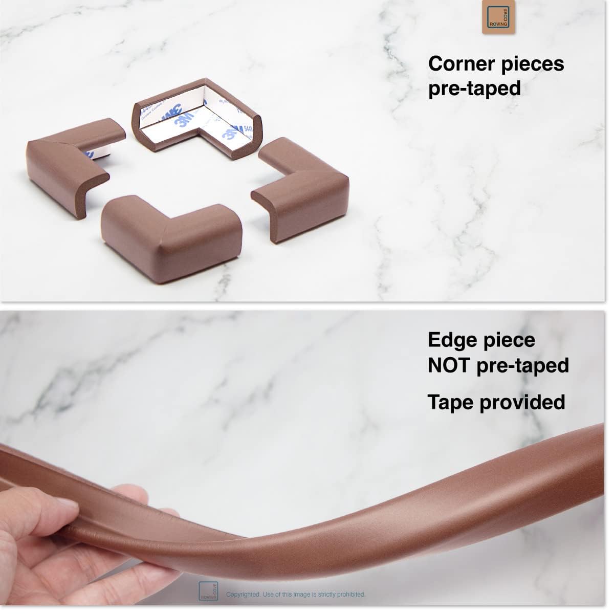 Roving Cove Slim-Fit Corner Edge Protector for Baby Proofing (Small 18ft Edge 8 Corners), Furniture Safety Bumper Guard, Soft NBR Rubber Foam, 3M Adhesive, Coffee Brown