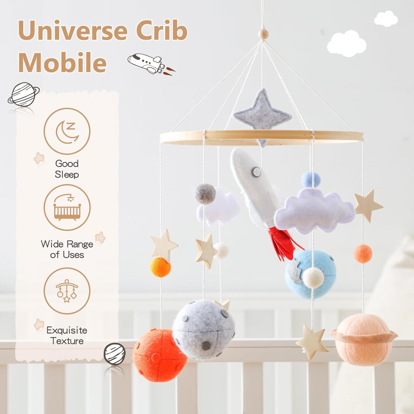 Baby Crib Mobile for Boys Girls | Felt Space Nursery Mobile Wooden Mobile for Crib | Astronaut Space Theme Nursery Bed Decoration Baby Mobile for Crib | Gift for Newborn Nursery Decor