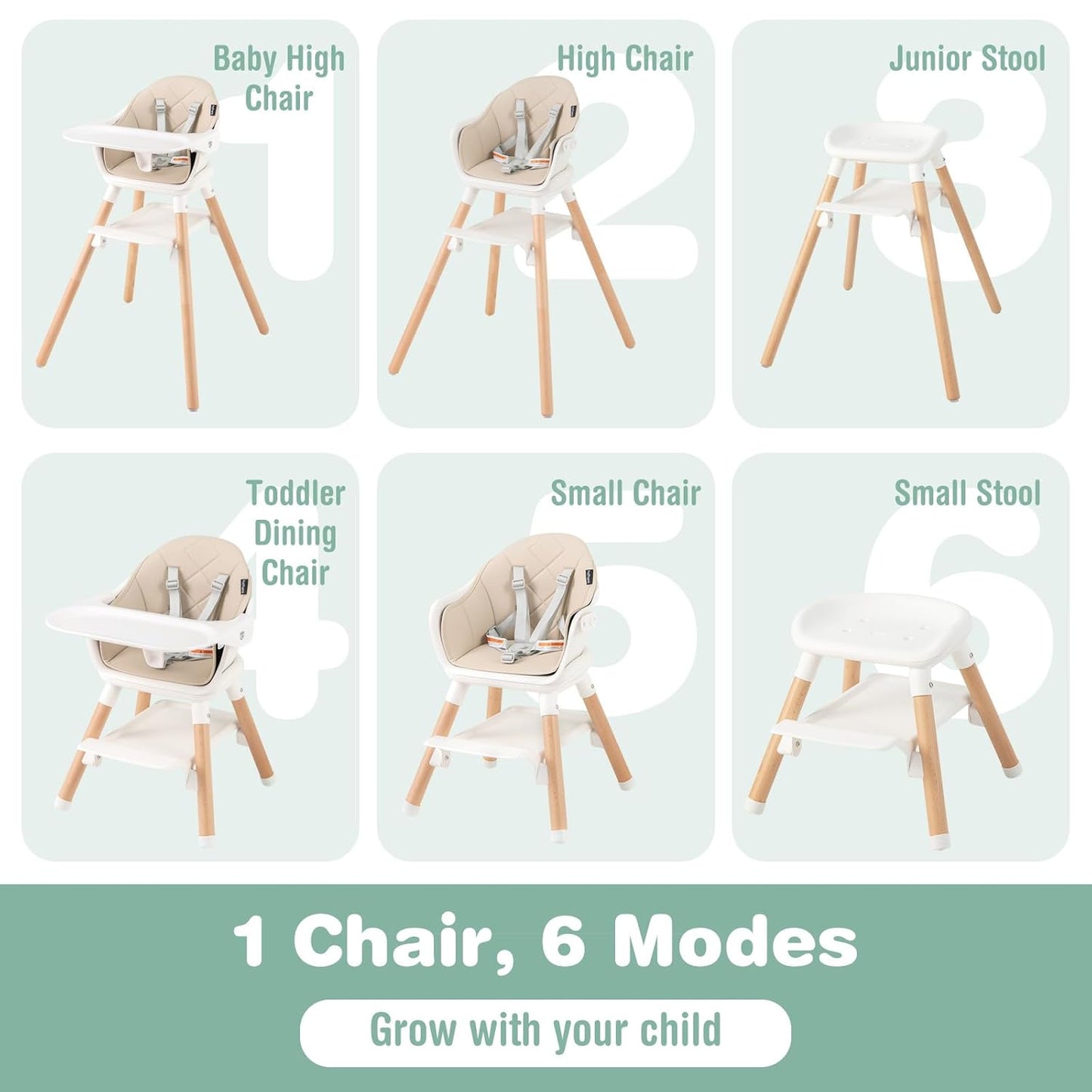 BABY JOY High Chair, 6 in 1 Convertible Wooden Highchair for Babies & Toddlers with Adjustable Legs, Double Removable Tray, Safety Harness & Waterproof PU Cushion (Beige)