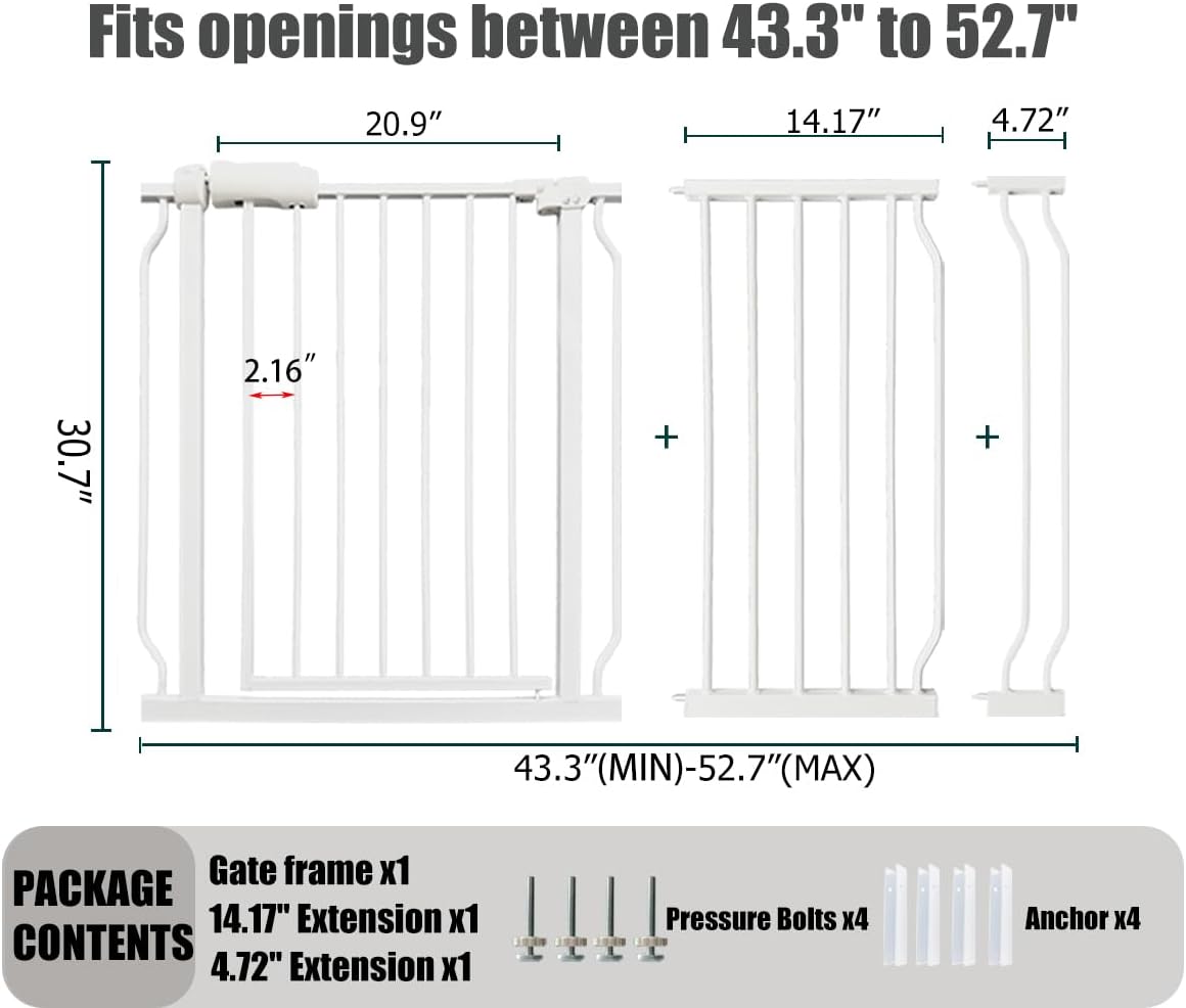 Extra Wide Baby Gate - 48-52.7 Inch Tension Mounted Safety Child & Pet Gate - White Metal - Walk Through - Long - for House Doorways & Stairs