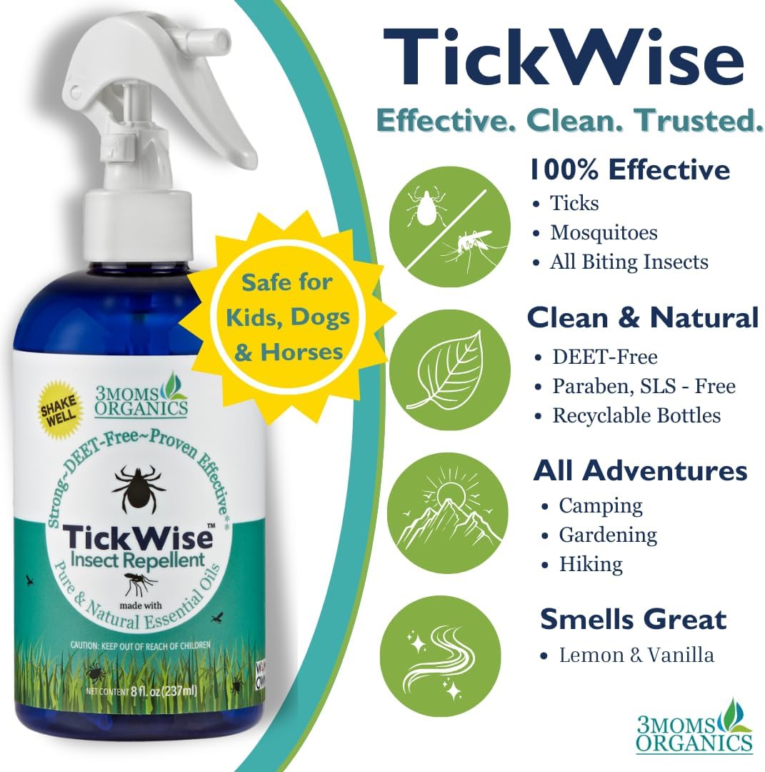 3 Moms Organics TickWise 8oz, Made with All Natural Essential Oils, DEET-Free, Tick and Insect Repellent, Plant Based Essential Oils, All Natural Ingredients Great for Adults, Kids, Dogs & Horses