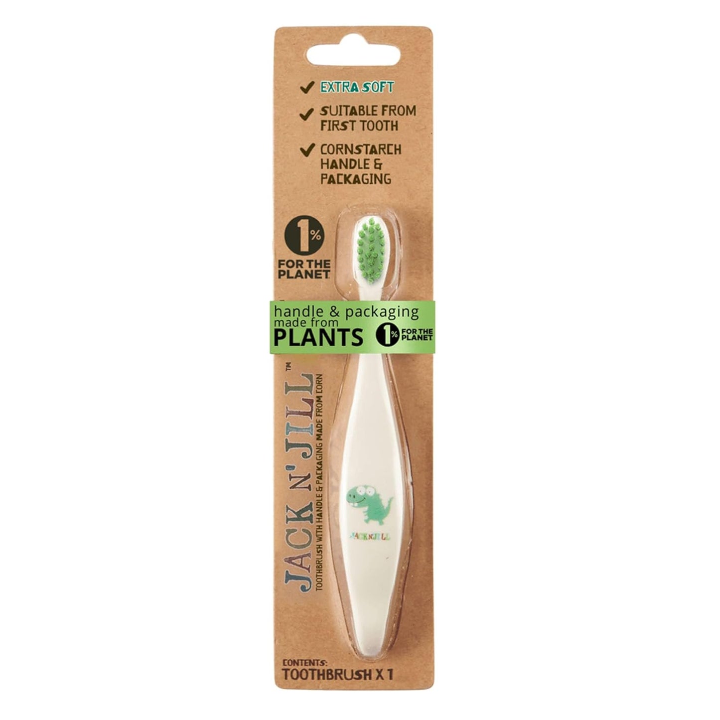 Jack N' Jill Kids Toothbrush - Extra Soft Bristle Toothbrush for Kids, Handle & Packaging Made from Plants (Corn), Ergonomic Handle for Little Hands - Dino Baby (1 Pack)