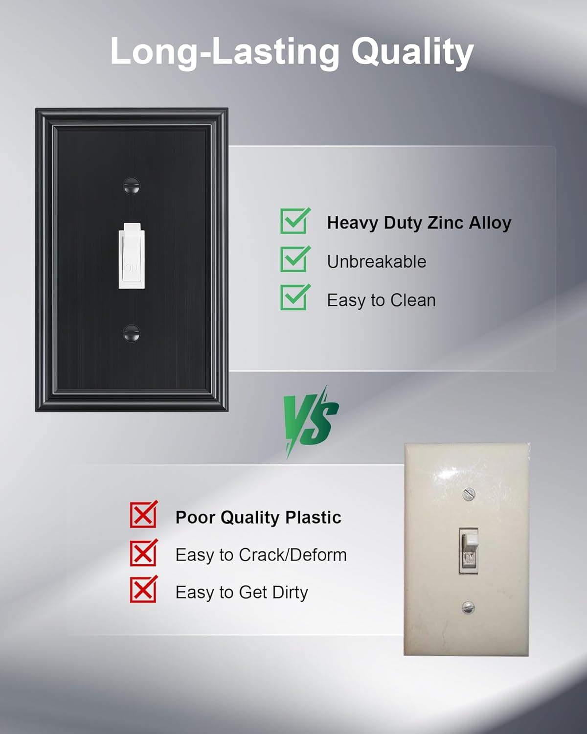 2-Pack Single Toggle Light Switch Cover Plate, Durable Solid Zinc Alloy Decorative Switch Plate Covers, Black 1 Gang Wall Plate, Corrosion Resistant