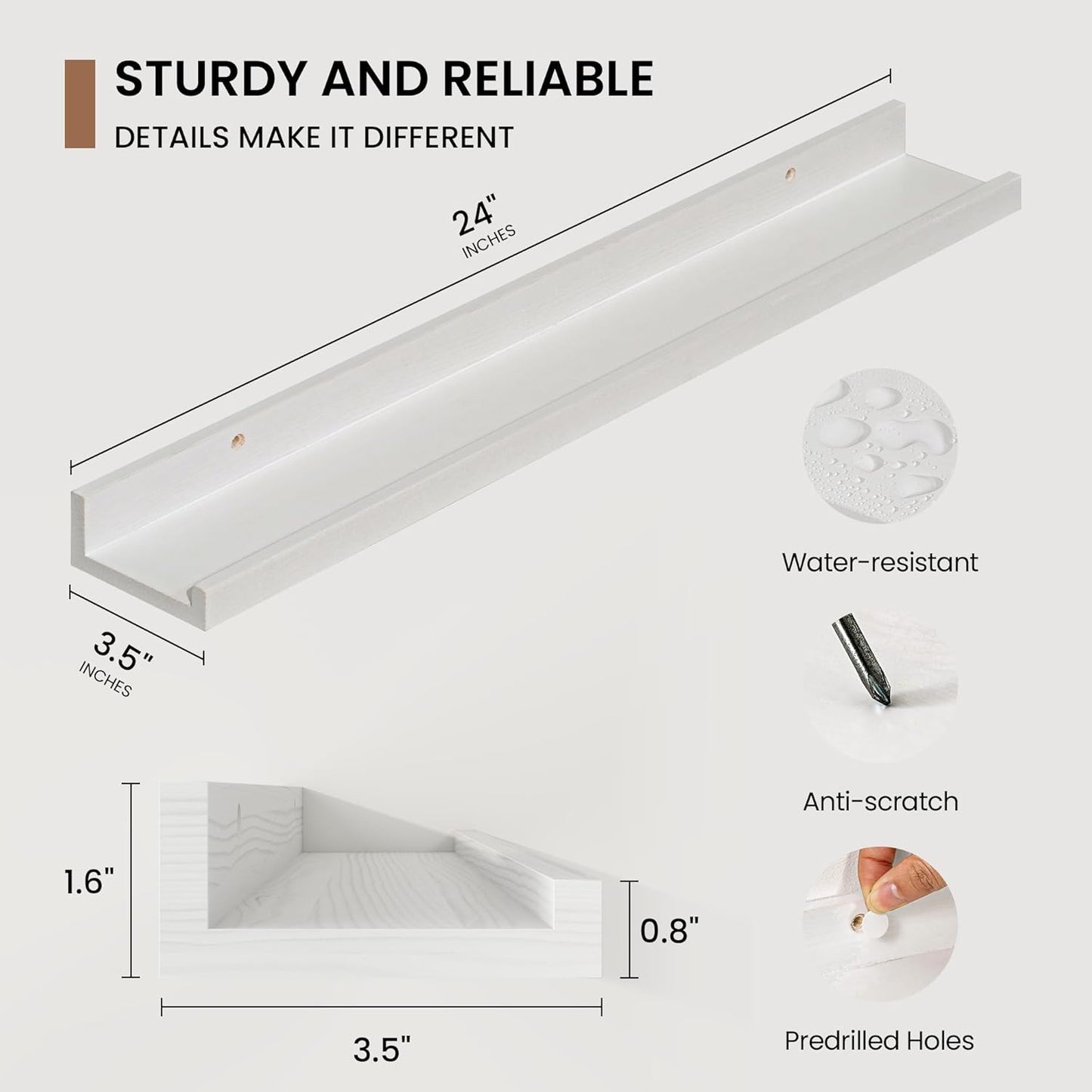 Picture Ledge Shelf, Solid Pine Wood Floating Shelves Set of 2, 24 Inches Nursery Book Shelves for Toys Storage, Kids Bookshelf Wall Mounted for Living Room Bedroom Decor Books Photo Frames, White