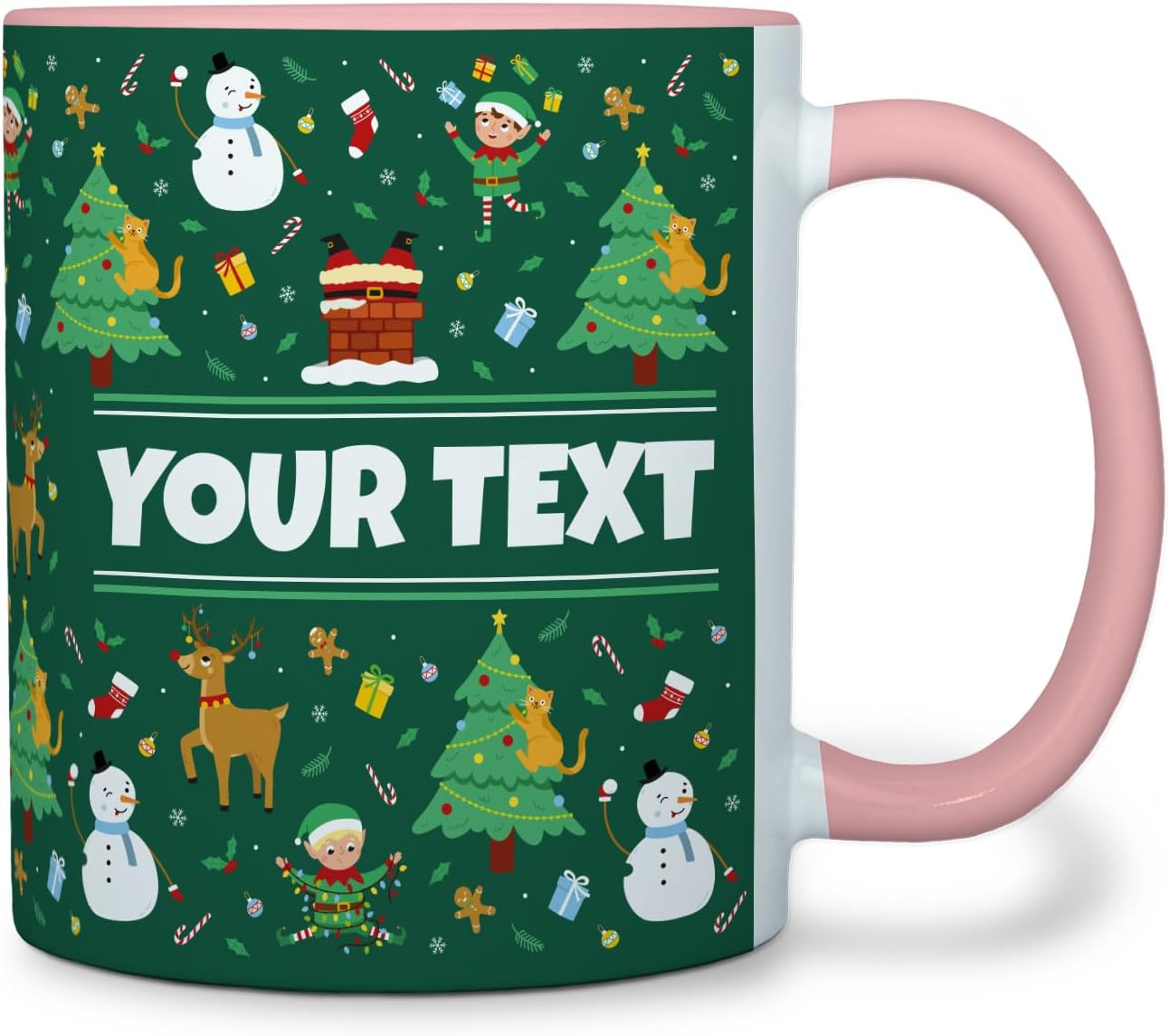 Personalized Mug for Kids - Christmas - Custom Name/Text, Ceramic Hot Chocolate/Cocoa/Coffee Cup for Boys/Girls, Holiday/Birthday Gift - 11 oz, Pink Handle
