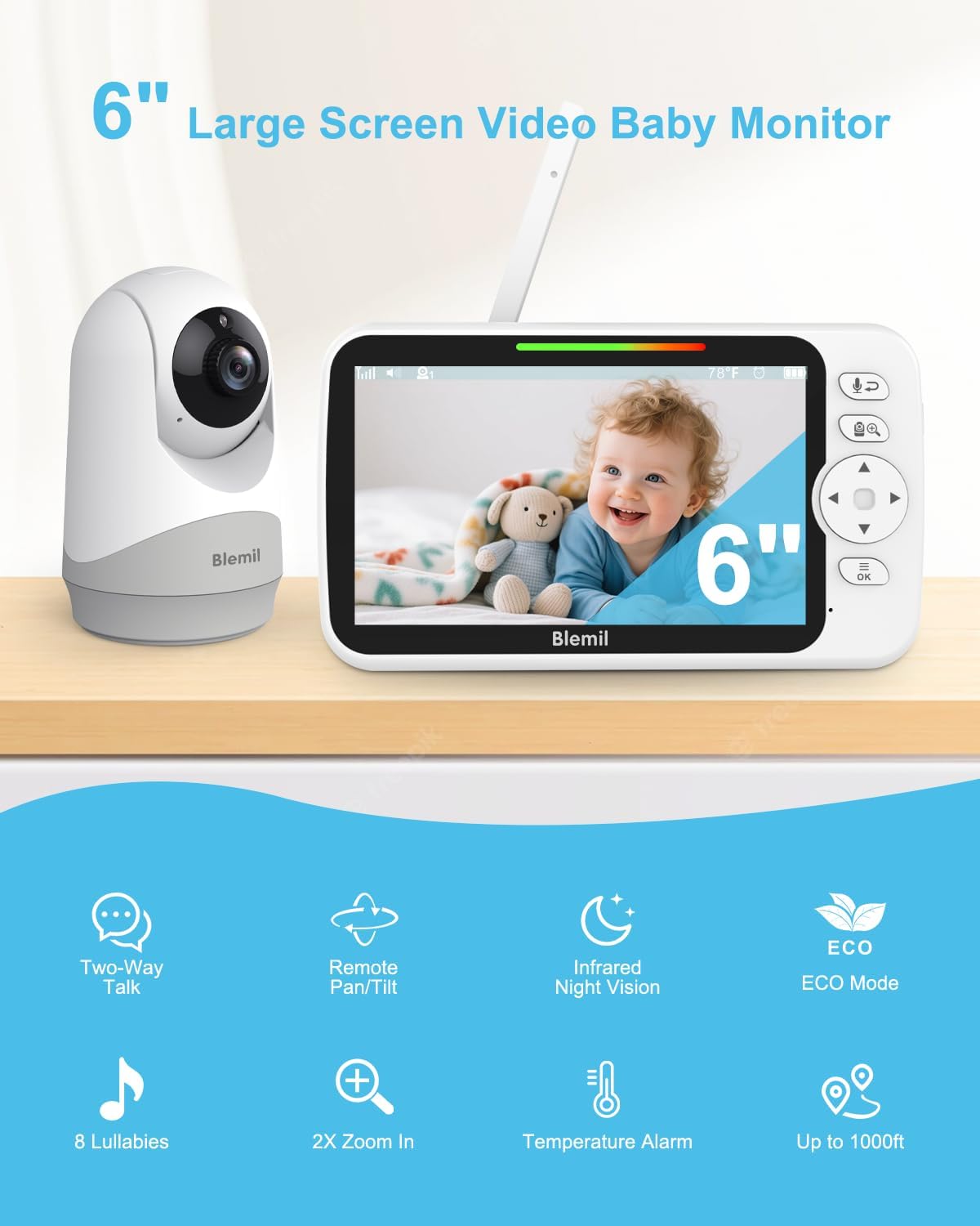 Upgrade Video Baby Monitor with Camera and Audio 6" Large Screen, 35-Hrs Battery, No WiFi Baby Monitor, Remote Pan/Tilt/Zoom Camera, 2-Way Talk, Night Vision, Temperature, 1000ft Range