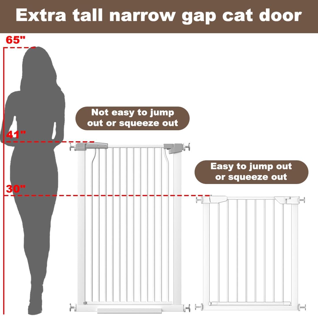 41" Extra Tall Cat Gate for Doorway, 40.6-49.1'' Metal Pet Baby Safe Gate, Extra Wide Pressure Mounted Child Door with Expansion Kit, No Drilling Cat Fence Indoor, Tall Dog Gate, White