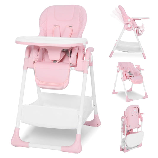 Kinder King Convertible Baby High Chair, Adjustable Feeding Chair for Babies and Toddlers with Removable Double Tray, Simple Compact Fold for Space-Saving, 2 Built-in Wheels, Easy to Clean, Pink