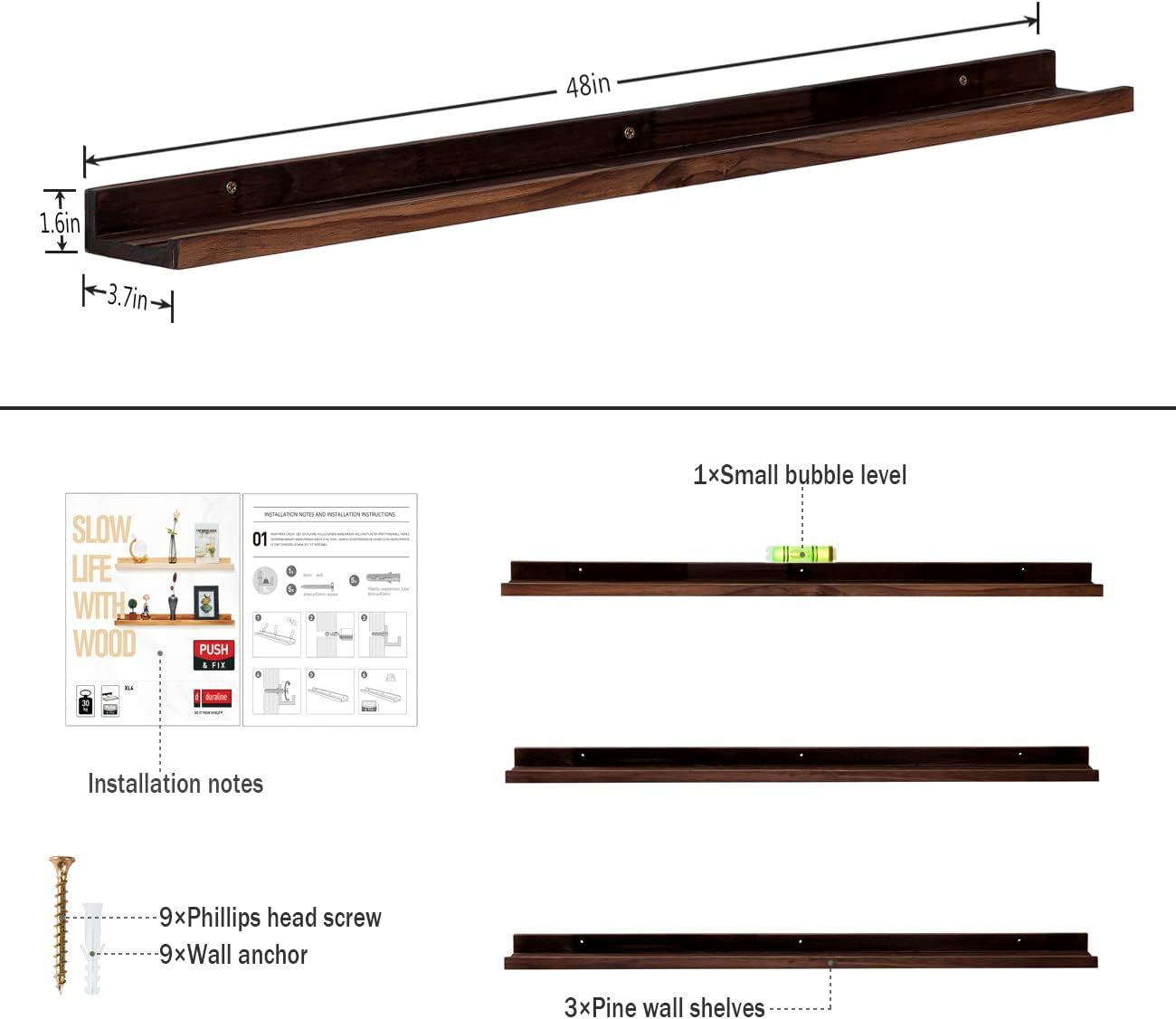 AZSKY Deep Walnut Floating Shelves Large Long Wall Storage Shelves Dark Walnut 48 Inch Wall Mount Hanging Picture Ledge Wall Decor for Bedroom Living Room Bathroom Kitchen Storage a Set of 3