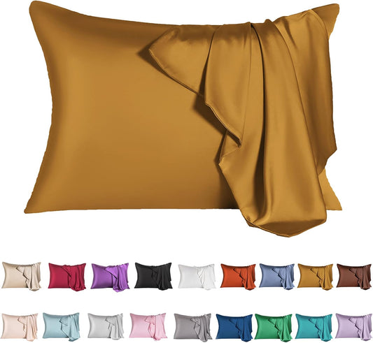 SIYUAN Mulberry Silk Pillowcase for Hair and Skin, Standard Size Cooling Silk Pillow Case with Hidden Zipper, Allergen Proof Dual Sides Soft Breathable Smooth Silk Pillow Cover for Women, Golden