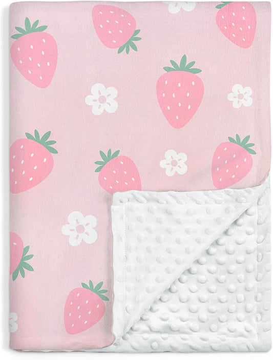 Strawberry Minky Baby Blanket 30 x 40 Inches for Girls, Soft Plush Receiving Blanket with Dotted Back, Gift for Toddler Newborn Infant Christmas Birthday Baby Shower