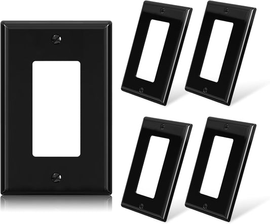ELEGRP Decorative Receptacle Wall Plate, 1-Gang Mid Size Outlet Decorator Cover, Unbreakable Polycarbonate Dual Port Faceplates Covers, UL Listed, Screws included (5 Pack, Glossy Black)