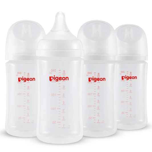 Pigeon PP Nursing Bottle Wide Neck, Anti-Colic, Streamlined Body, Natural Feel, Easy to Clean, 8.1 Oz(Pack of 4), Includes 4pcs M Nipples (3m+)
