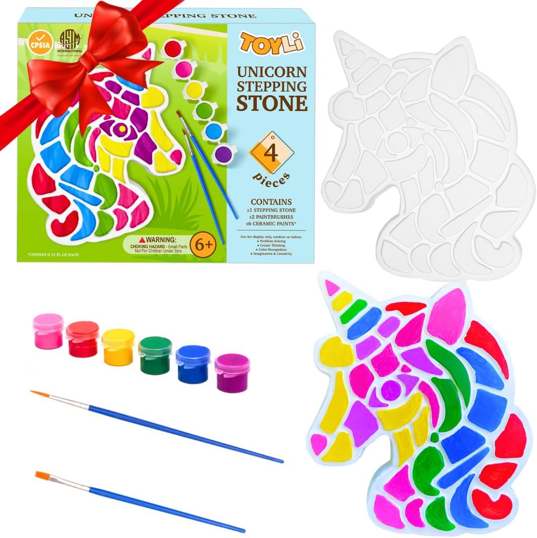 TOYLI Unicorn Painting Kit for Kids, Art Set, DIY Project, Stepping Stone Kit, Includes 2 Brushes and 6 Paints, Mess-Free Arts and Crafts