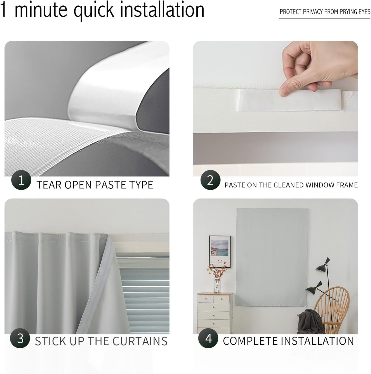 self Adhesive Curtains Portable Blackout Curtain Simple and Easy to Install Bedroom Window Thermal Lnsulated Kitchen Room Darkening Black Small Drapes, 35" W X 71" L, White, 1 Panel