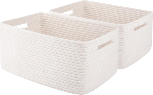 OIAHOMY Storage Basket for Shelves, Closet Cube Storage Bins Baskets for Clothes Blanket Towels, Baby Nursery, Toy Baskets Box, Woven Rope Basket, 15.75*11.81*7.09 IN, 2 Packs White