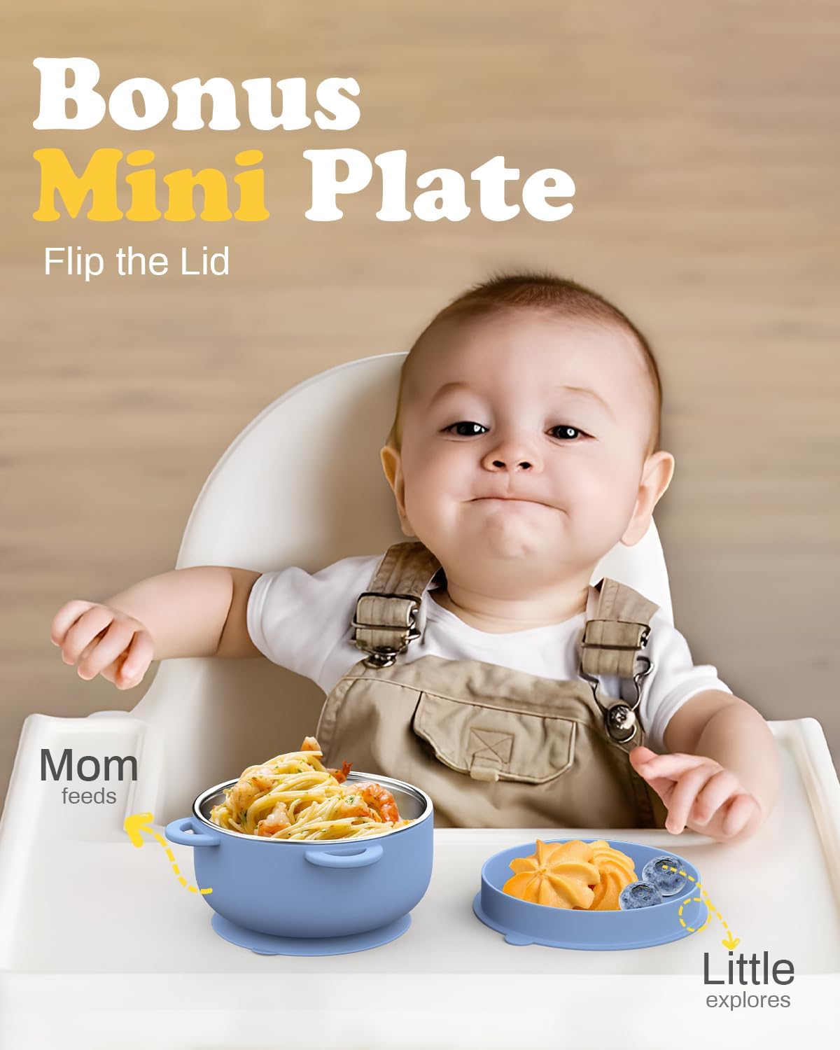 Baby Suction Bowls with Lids 4-Pack, 2-in-1 Stainless Steel 304 Toddler Bowl & Removable Silicone Suction Kids Bowl Plate Set Non Toxic Snack Dishes for Self-Feeding, Ocean Explorer Set